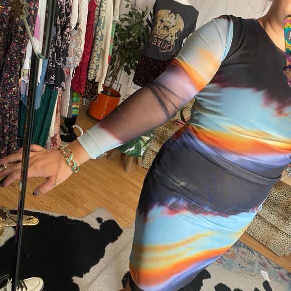 Zara Abstract Mesh Long Sleeve Knee Length Shift Dress Black Large - Picture 5 of 5